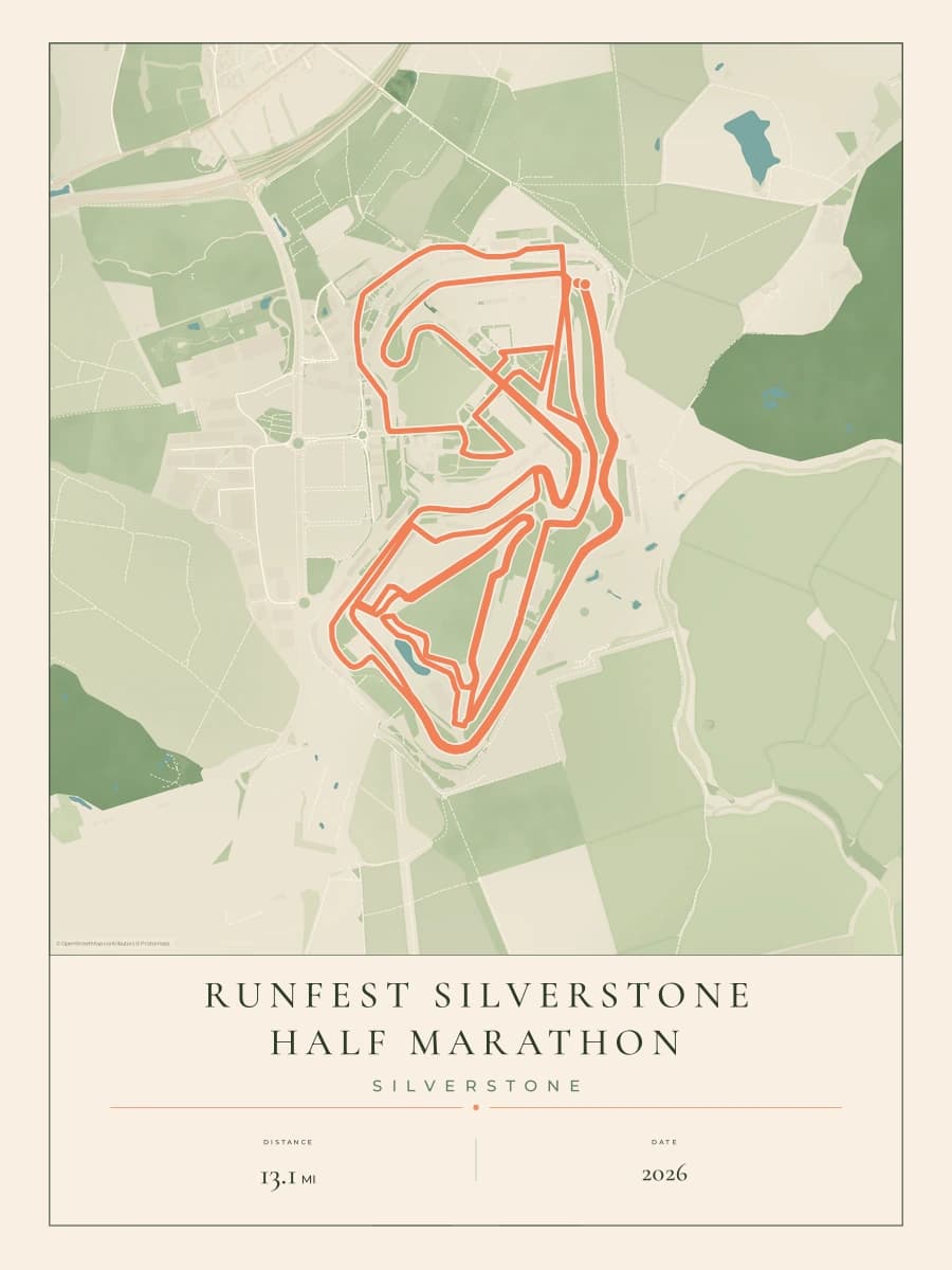 RunFest Silverstone Half Marathon route map poster preview in the Parkland artwork style