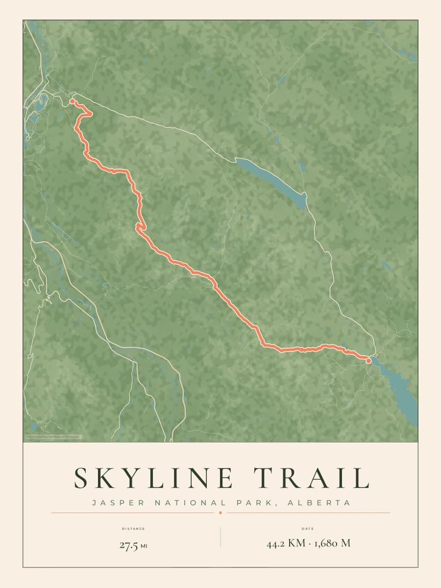 Skyline Trail route map poster preview in the Parkland artwork style