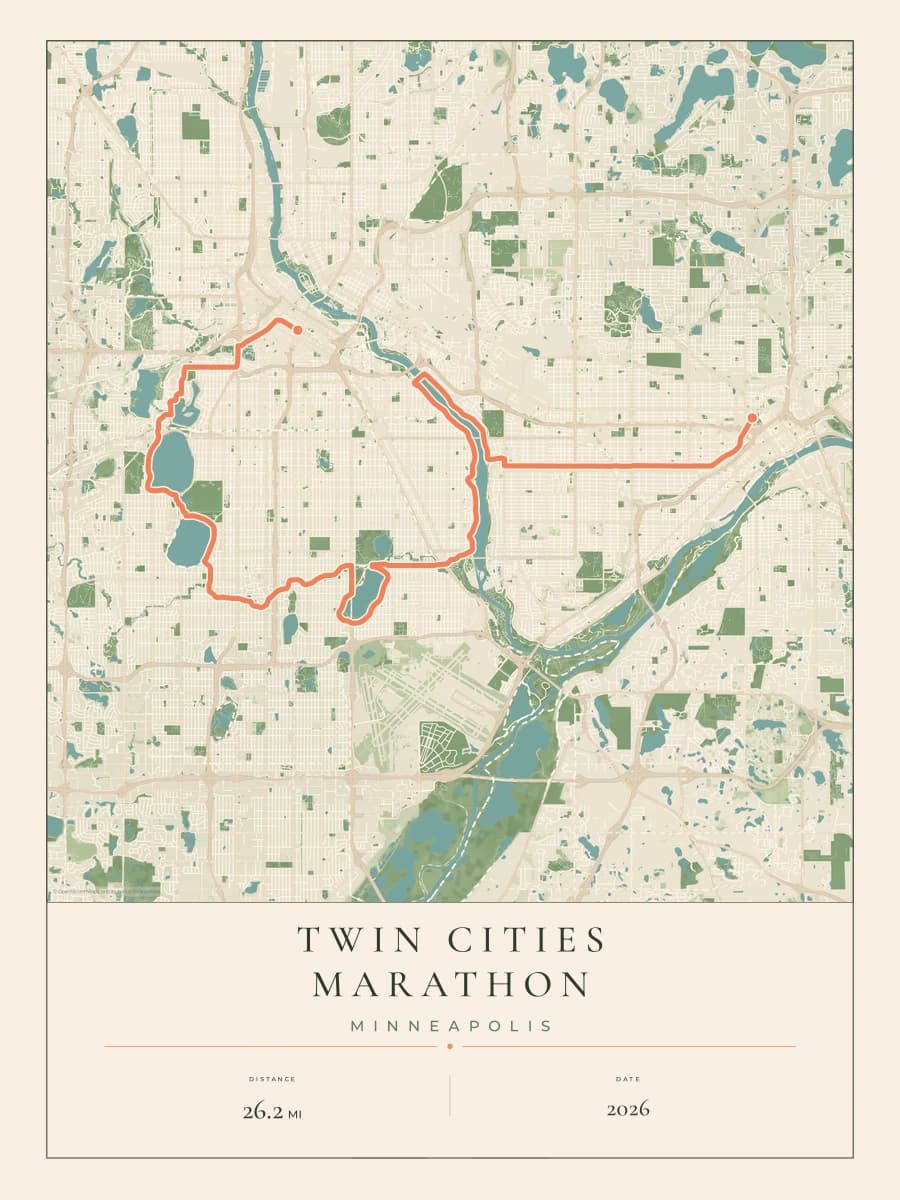 Twin Cities Marathon route map poster preview in the Parkland artwork style