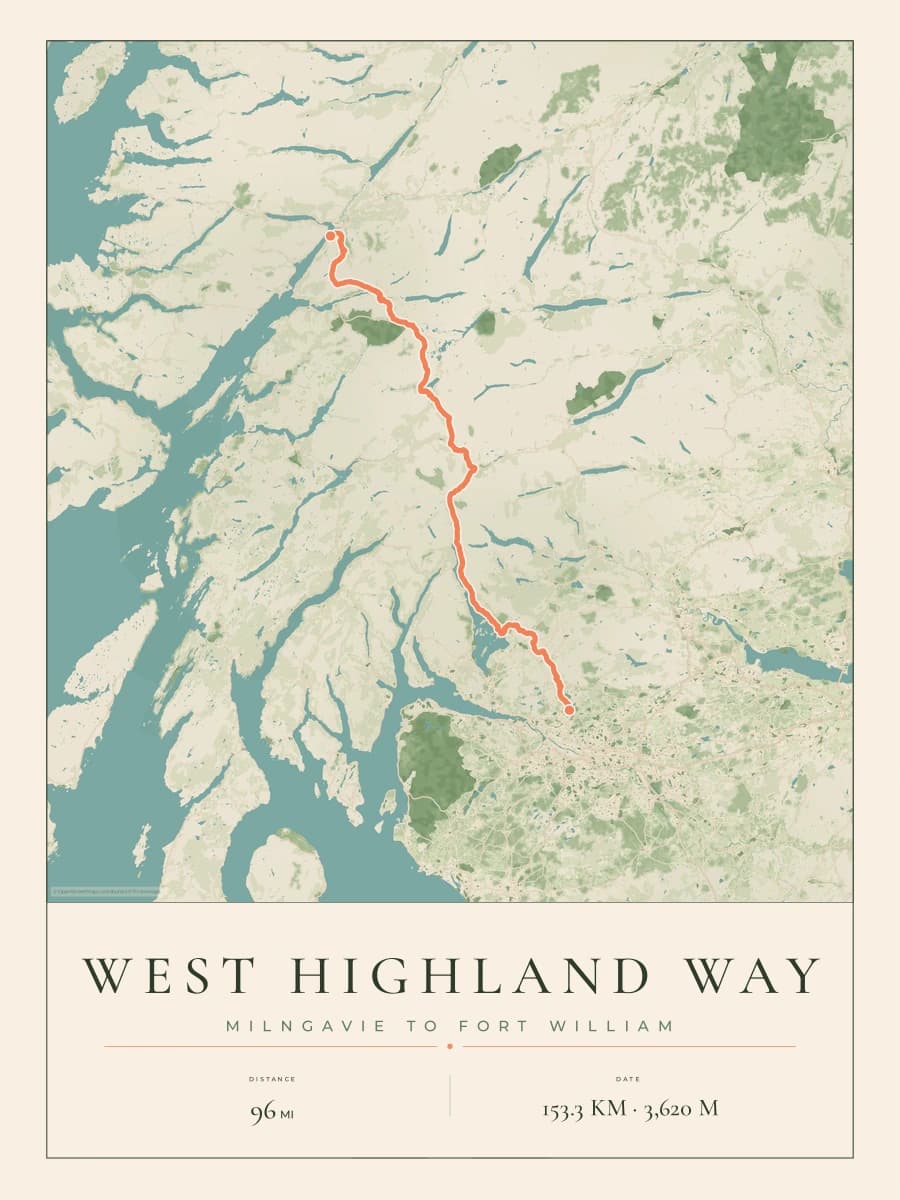 West Highland Way route map poster preview in the Parkland artwork style