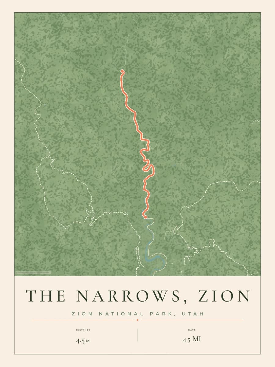 The Narrows, Zion route map poster preview in the Parkland artwork style