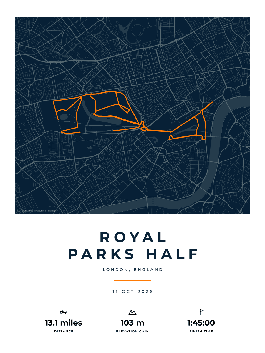 Royal Parks Half Marathon route poster preview in the Race Blueprint artwork style