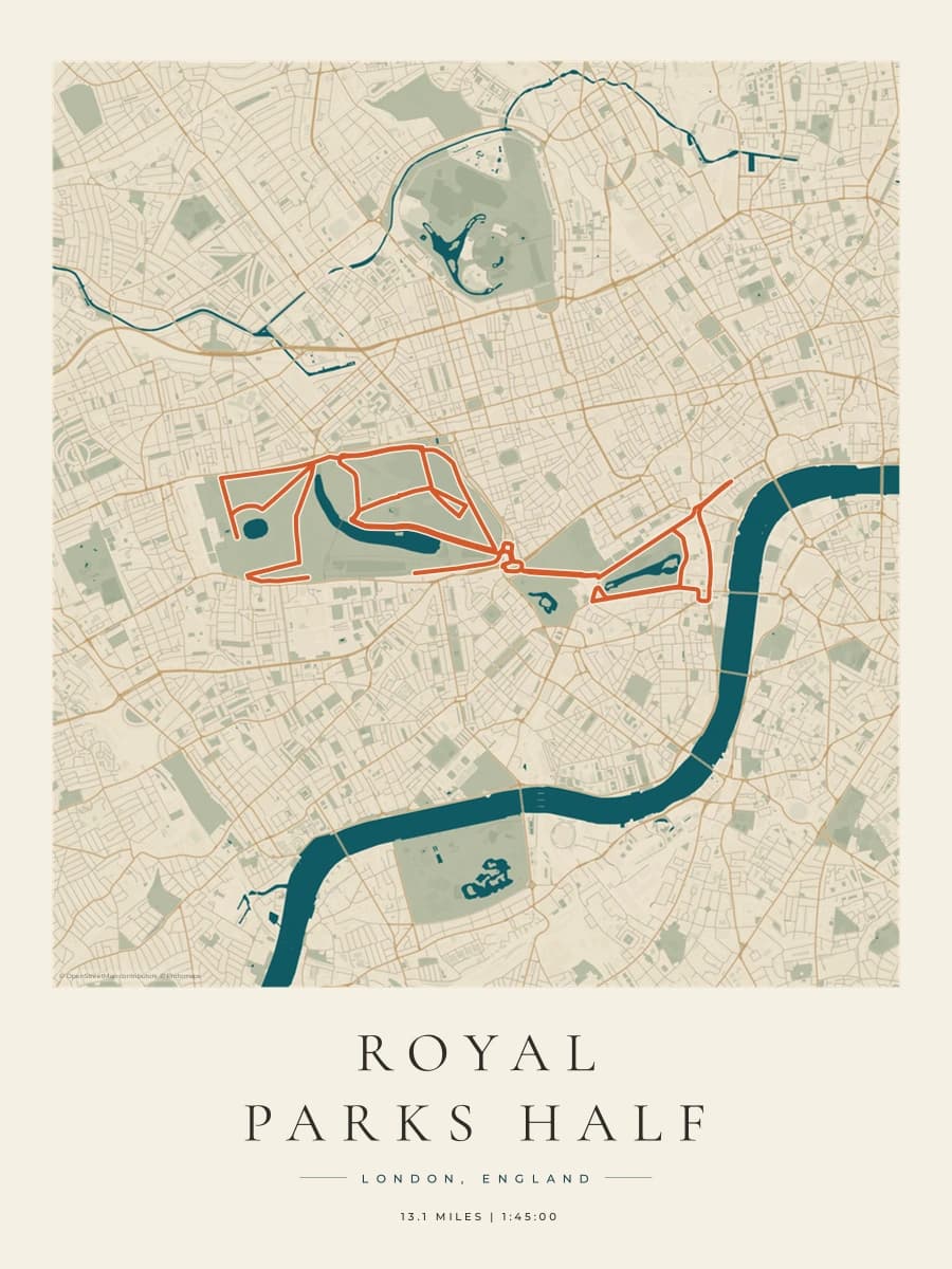 Royal Parks Half Marathon route poster preview in the Coastal Atlas artwork style