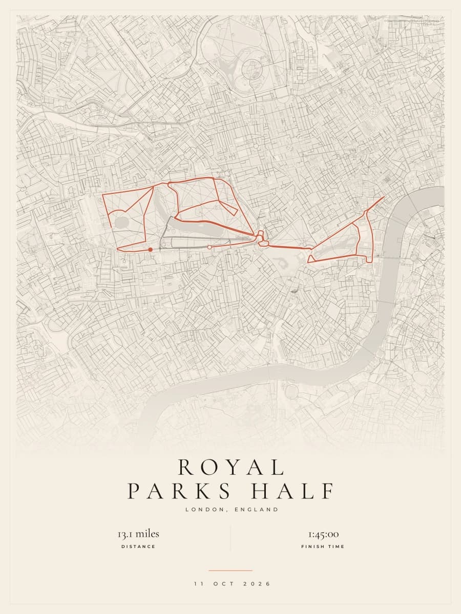 Royal Parks Half Marathon route poster preview in the Gallery Mono artwork style