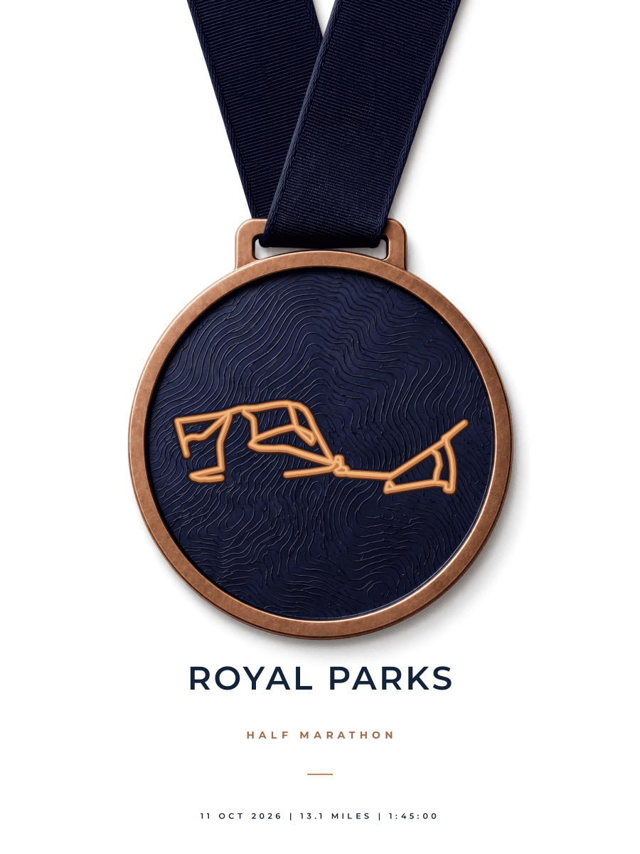 Royal Parks Half Marathon route poster preview in the Medal artwork style