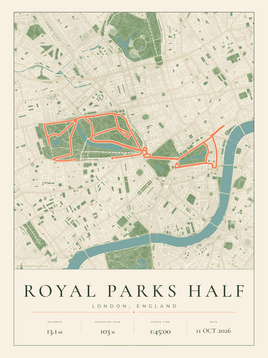 Royal Parks Half Marathon stock route in the Parkland Map artwork style