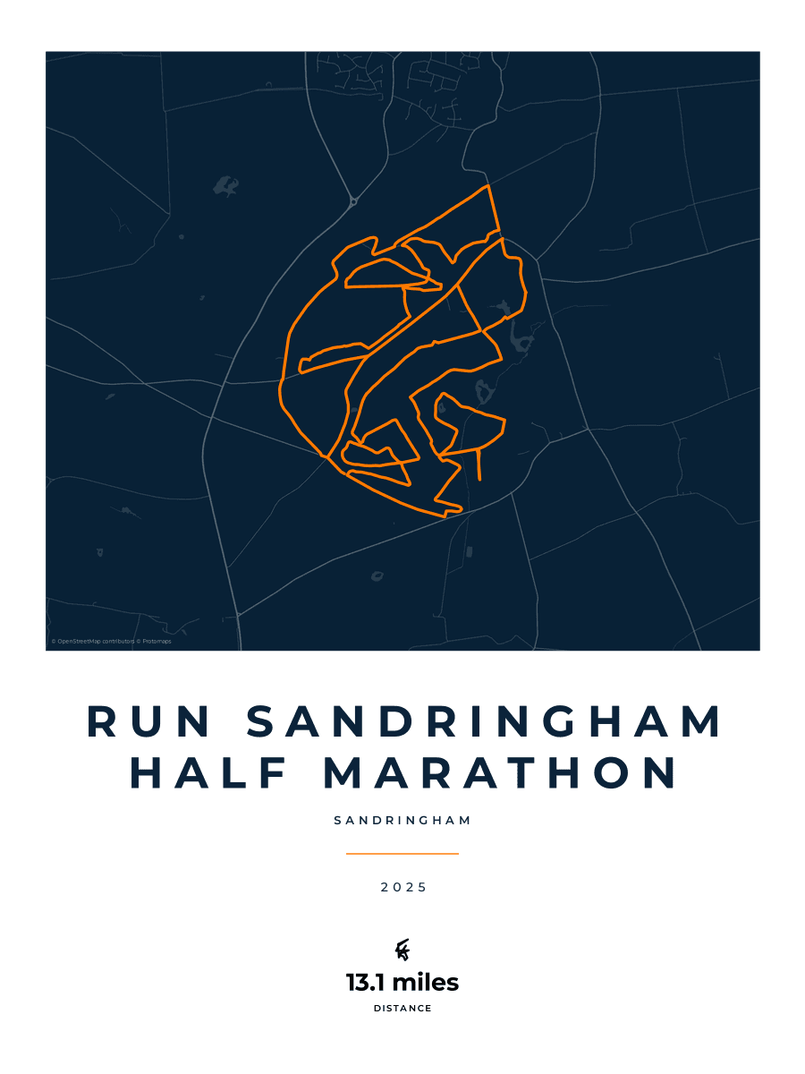 Run Sandringham Half Marathon route poster preview in the Race Blueprint artwork style