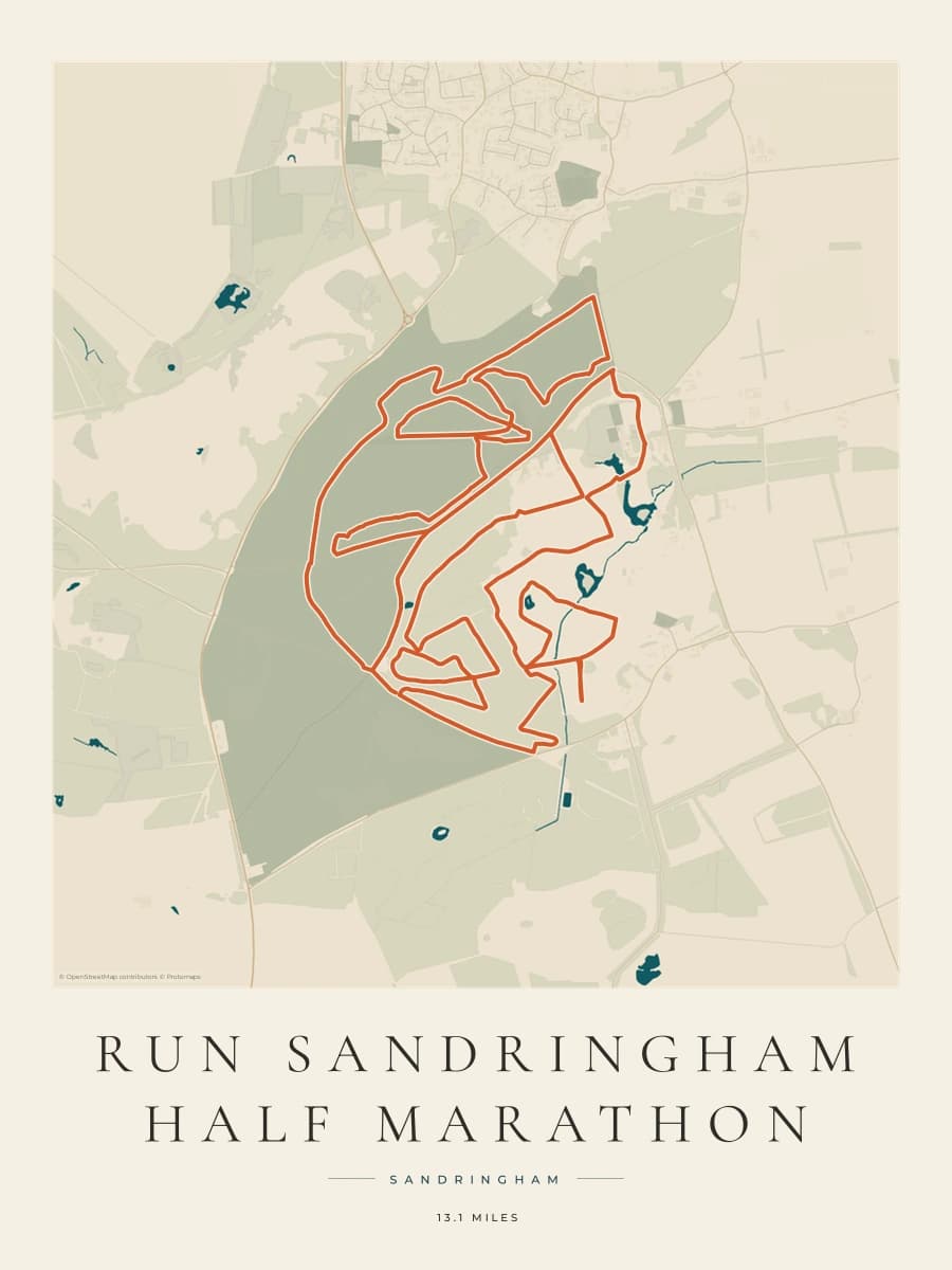 Run Sandringham Half Marathon route poster preview in the Coastal Atlas artwork style