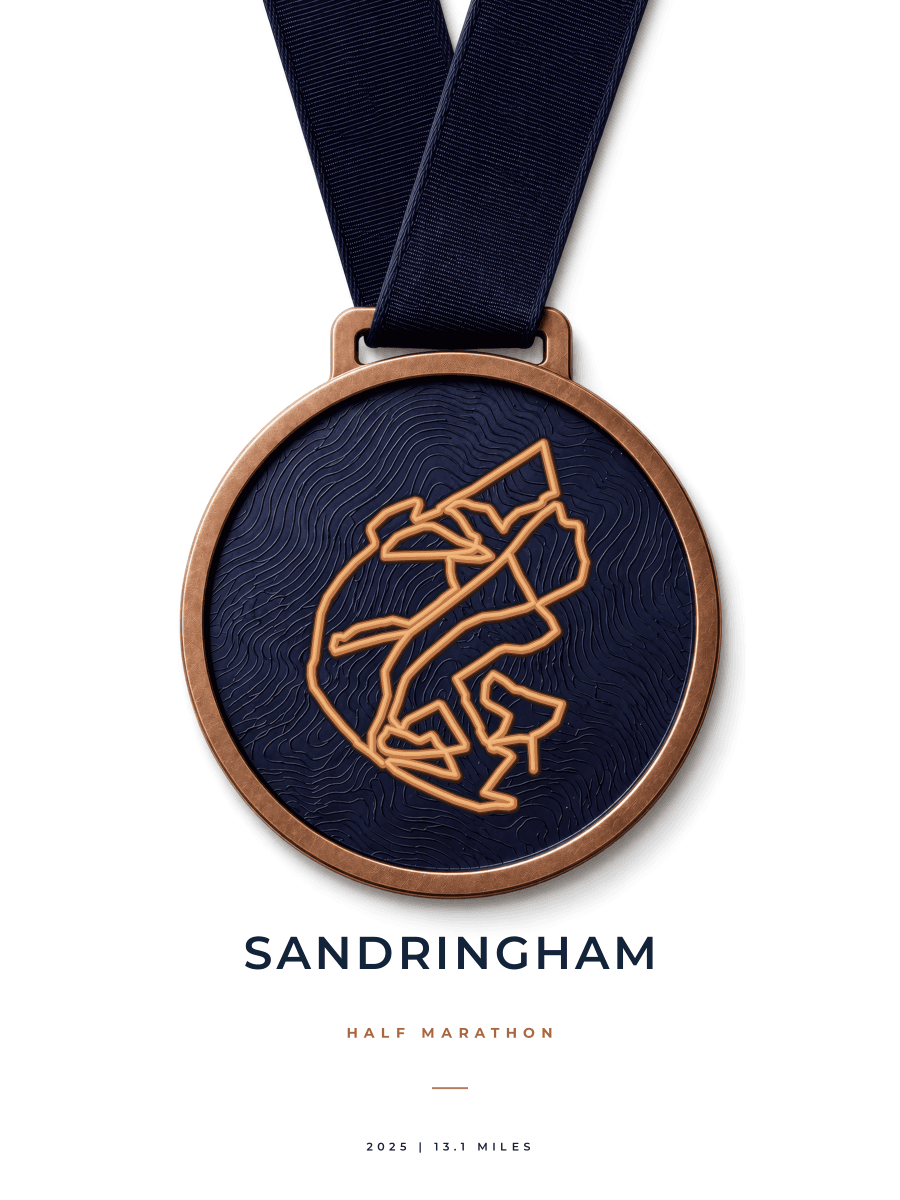 Run Sandringham Half Marathon route poster preview in the Medal artwork style