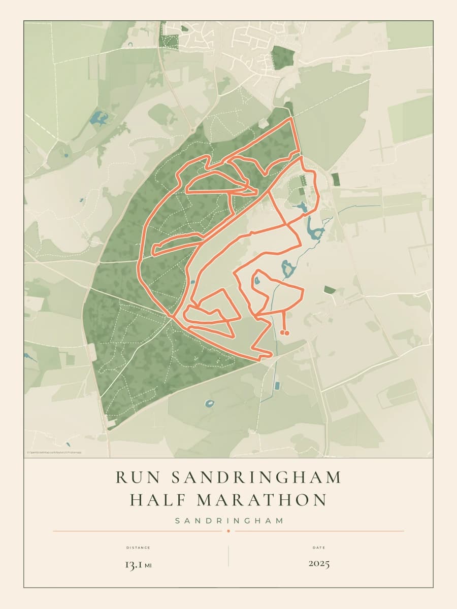 Run Sandringham Half Marathon route poster preview in the Parkland artwork style