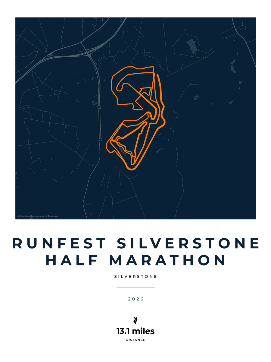 RunFest Silverstone Half Marathon route map poster preview in the Race Blueprint artwork style