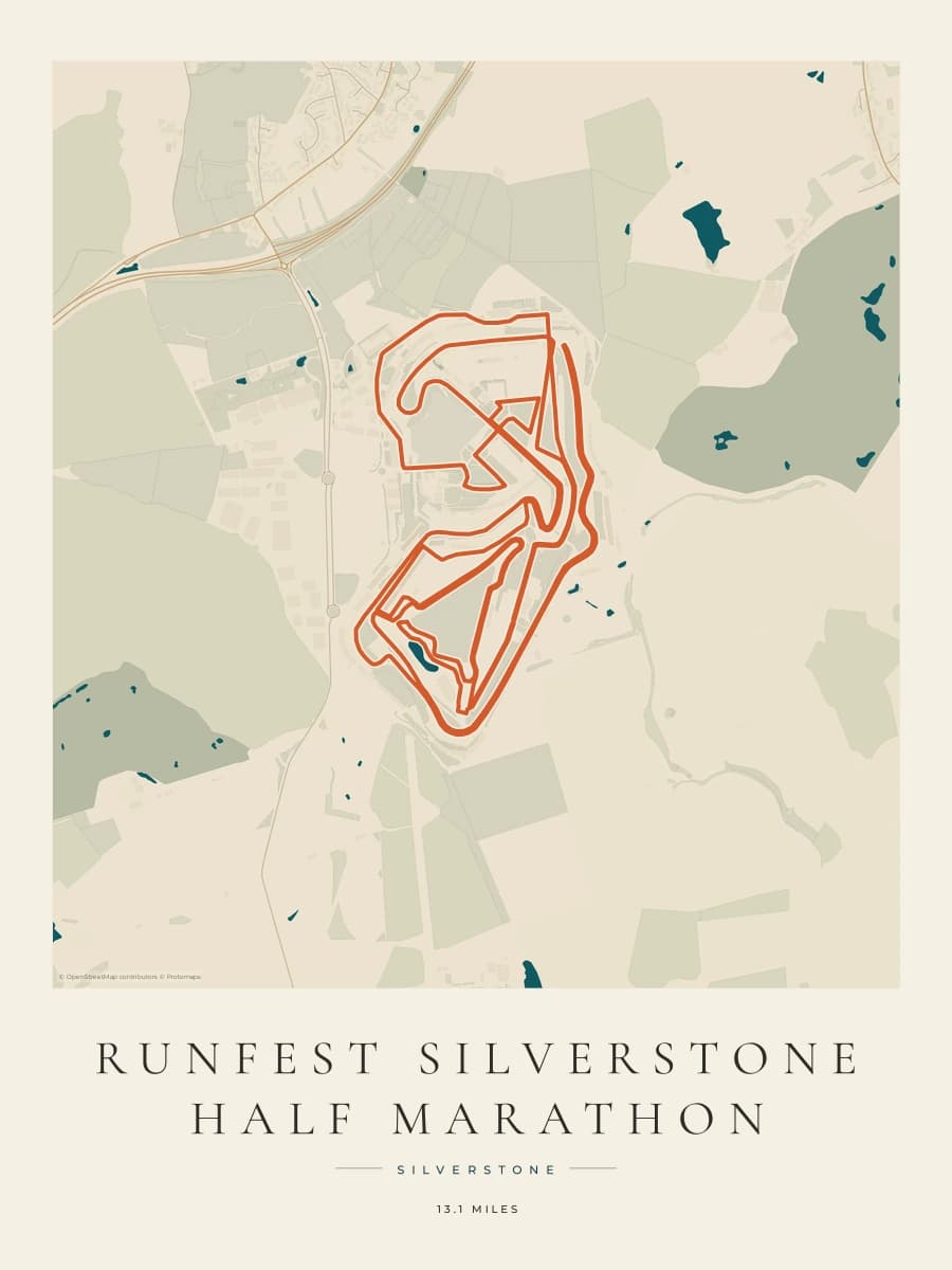 RunFest Silverstone Half Marathon route map poster preview in the Coastal Atlas artwork style