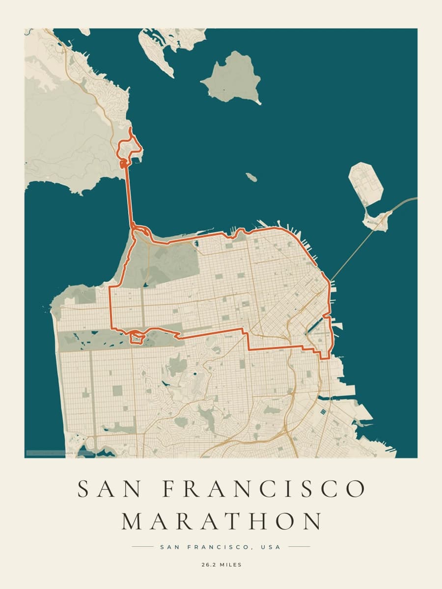 San Francisco Marathon route poster preview in the Coastal Atlas artwork style
