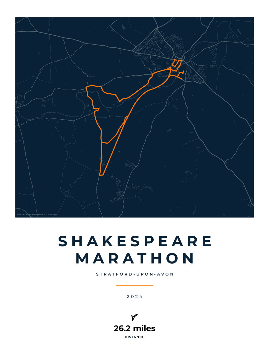 Shakespeare Marathon route poster preview in the Race Blueprint artwork style