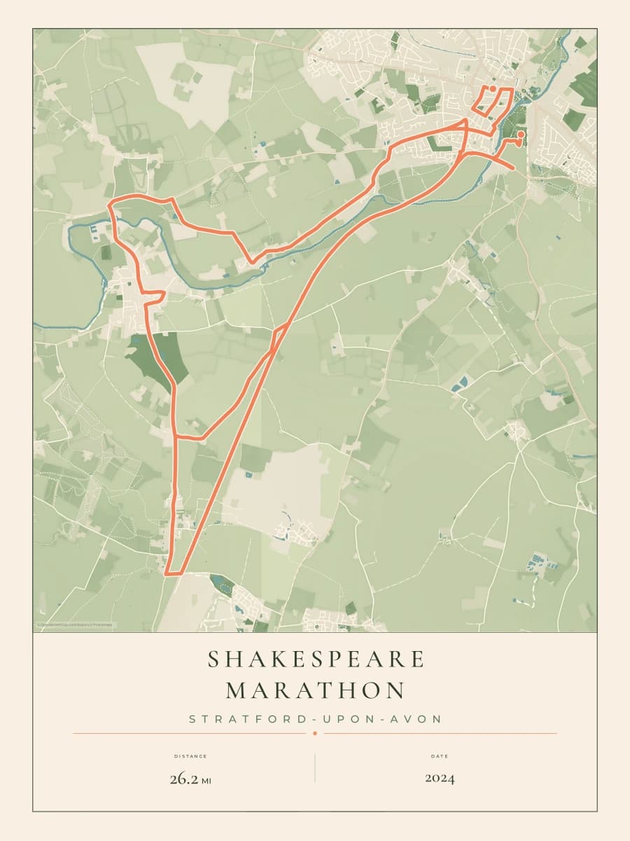 Shakespeare Marathon route poster preview in the Parkland artwork style