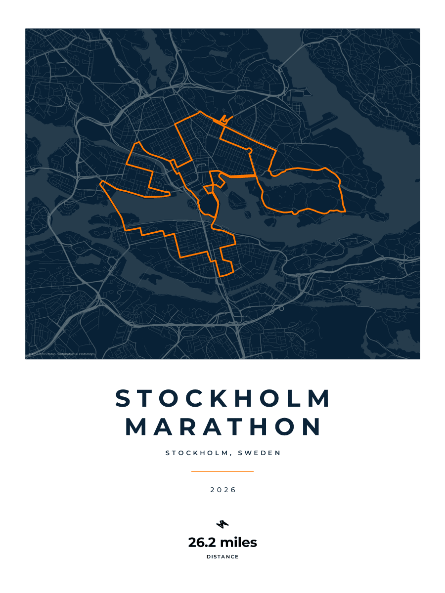 Stockholm Marathon route poster preview in the Race Blueprint artwork style