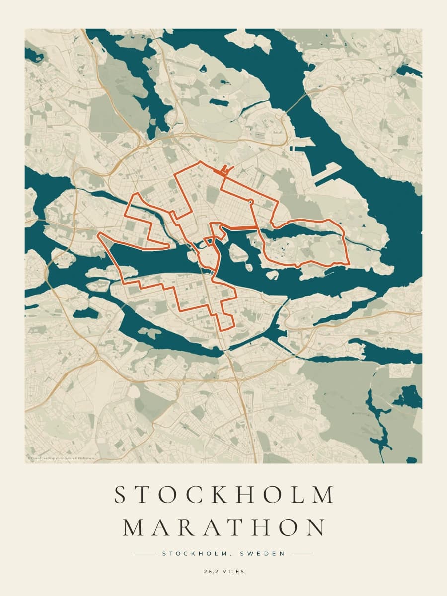 Stockholm Marathon route poster preview in the Coastal Atlas artwork style