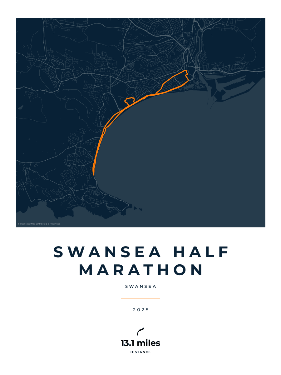 Swansea Half Marathon route poster preview in the Race Blueprint artwork style