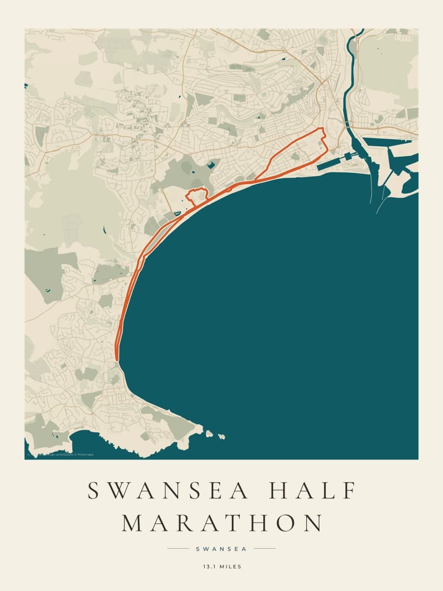 Swansea Half Marathon route poster preview in the Coastal Atlas artwork style