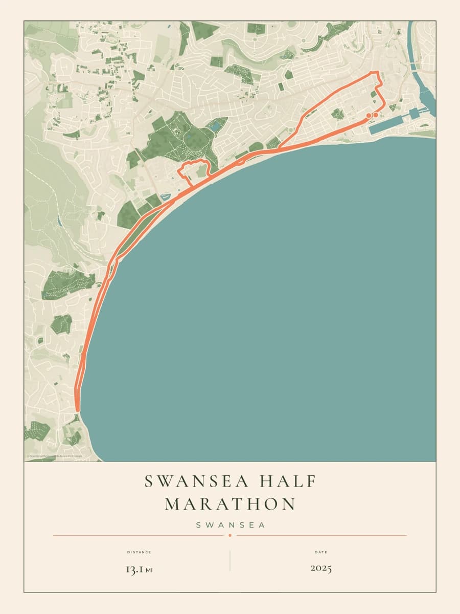Swansea Half Marathon route poster preview in the Parkland artwork style