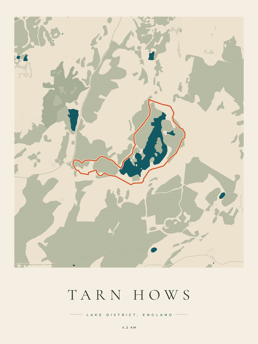 Route Into Art poster render for the Tarn Hows hiking route in the Coastal Atlas artwork style