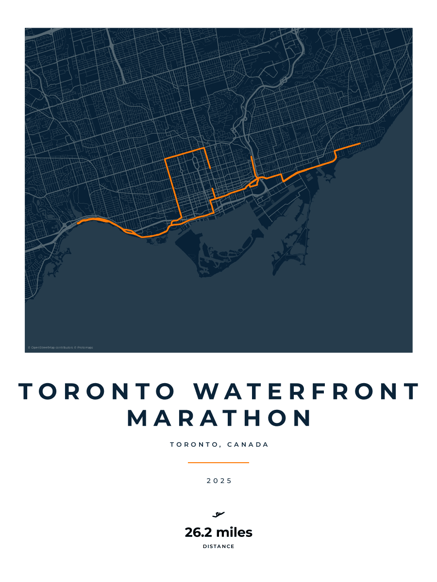 Toronto Waterfront Marathon route poster preview in the Race Blueprint artwork style
