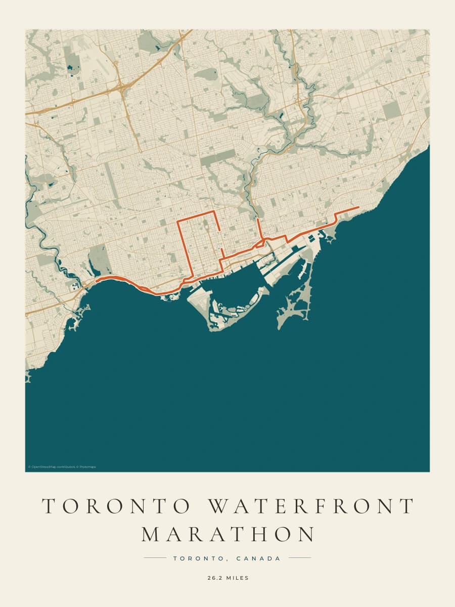 Toronto Waterfront Marathon route poster preview in the Coastal Atlas artwork style