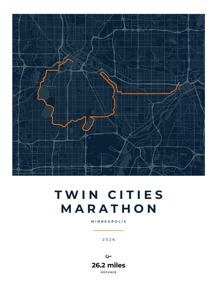 Twin Cities Marathon route map poster preview in the Race Blueprint artwork style