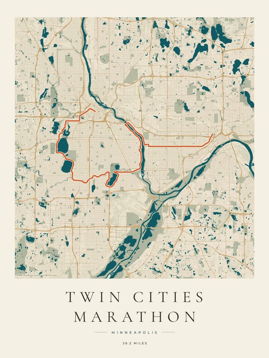 Twin Cities Marathon route map poster preview in the Coastal Atlas artwork style