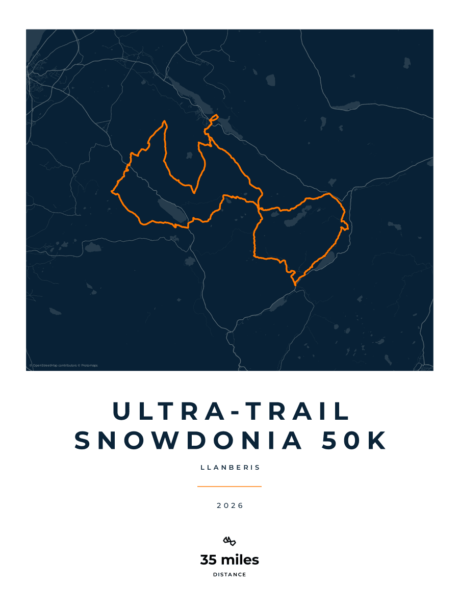Ultra-Trail Snowdonia 50K route poster preview in the Race Blueprint artwork style