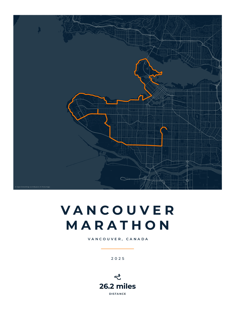 Vancouver Marathon route poster preview in the Race Blueprint artwork style