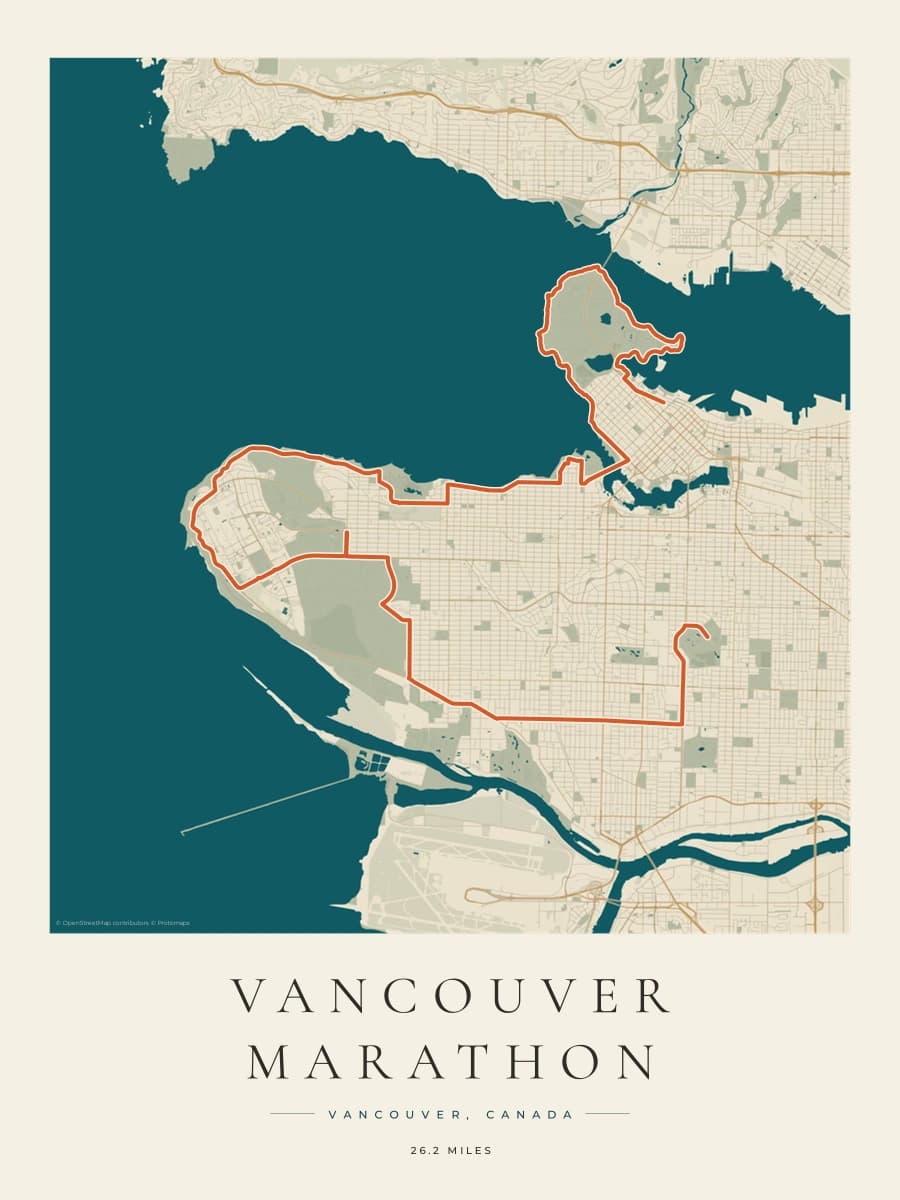 Vancouver Marathon route poster preview in the Coastal Atlas artwork style