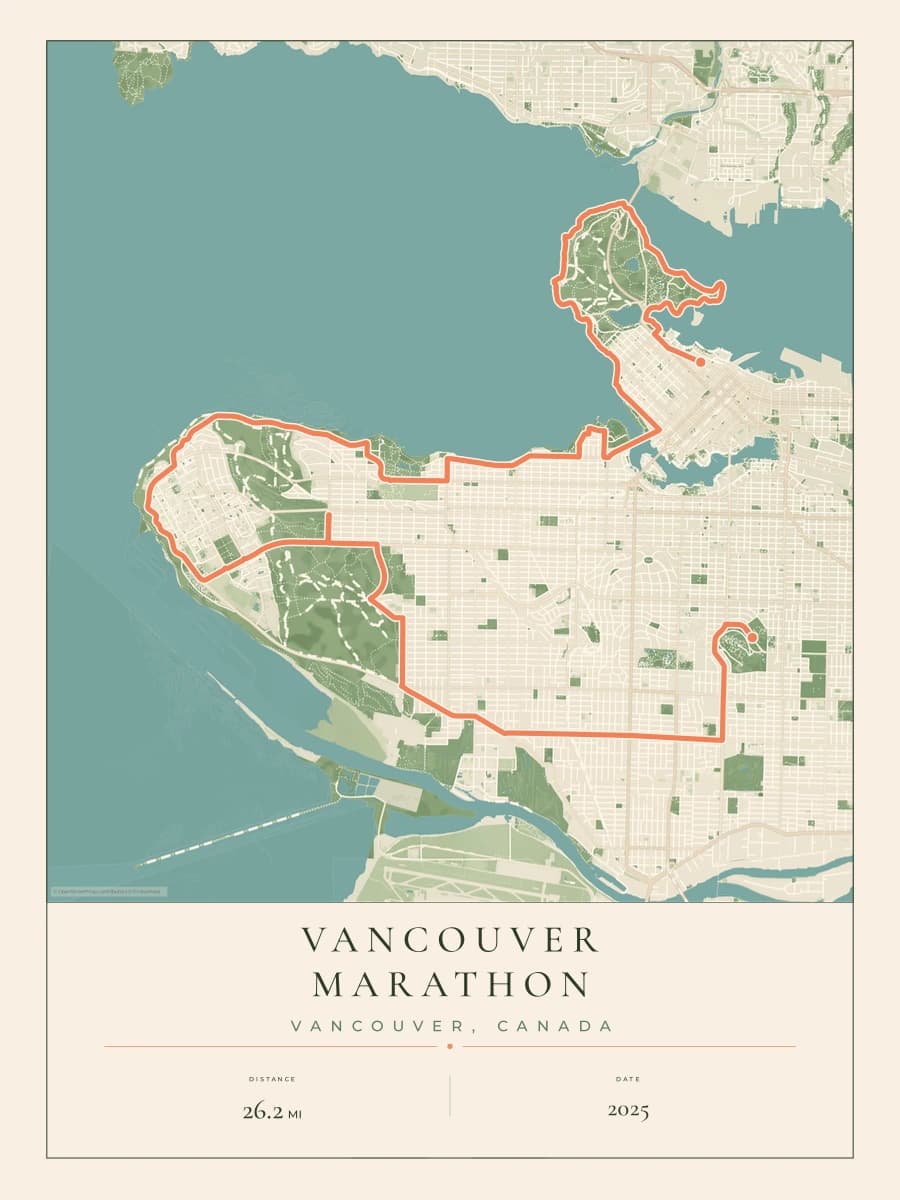Vancouver Marathon route poster preview in the Parkland artwork style