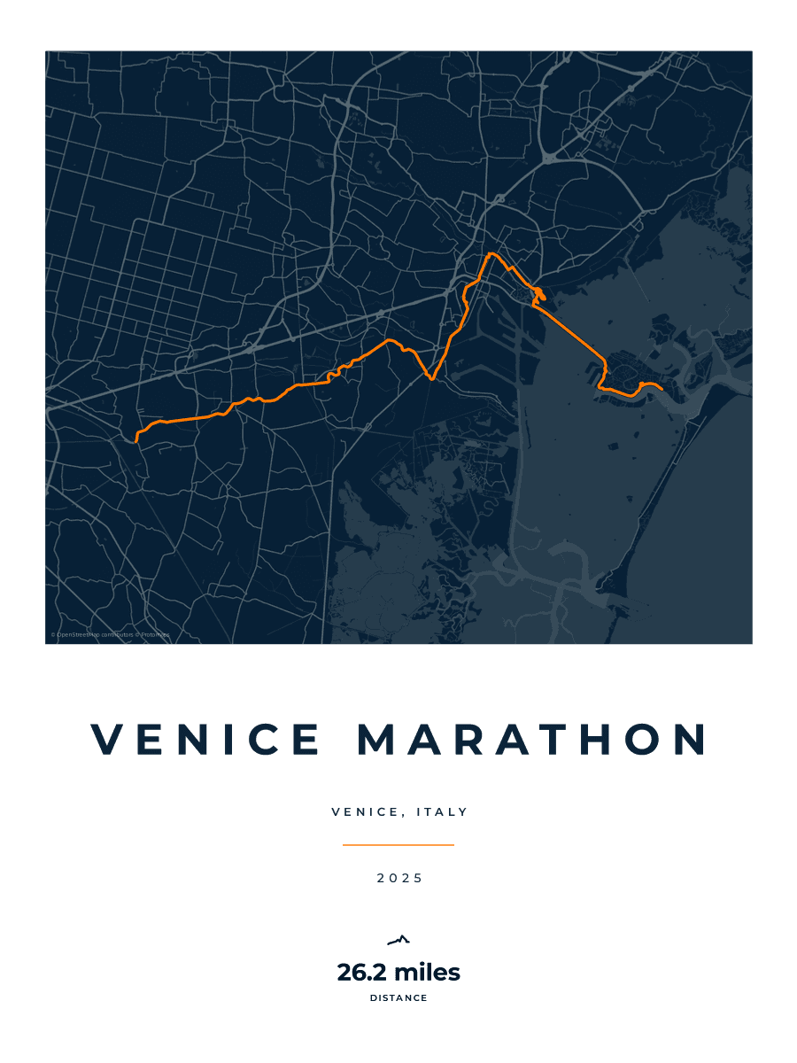 Venice Marathon route poster preview in the Race Blueprint artwork style