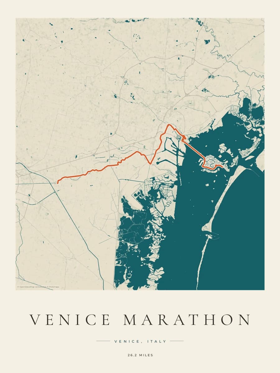 Venice Marathon route poster preview in the Coastal Atlas artwork style
