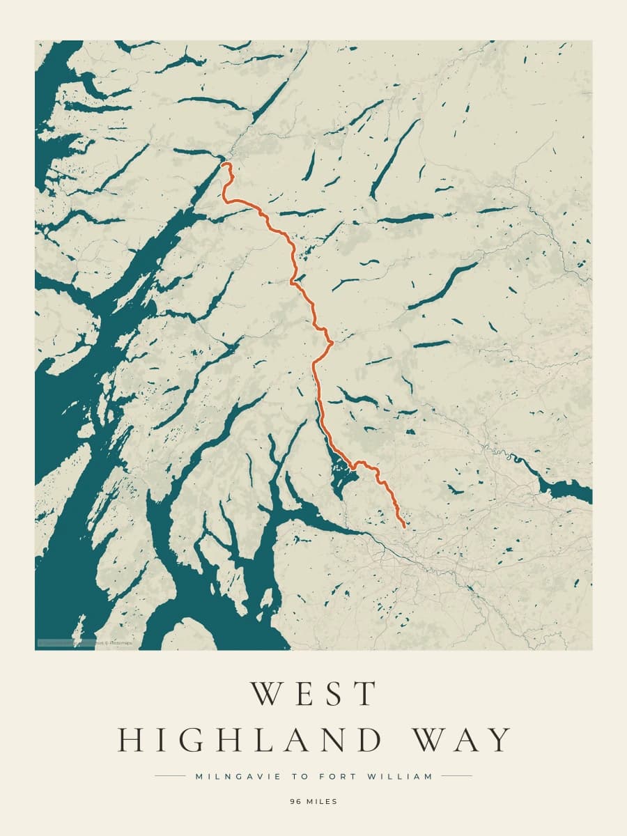 West Highland Way route map poster preview in the Coastal Atlas artwork style