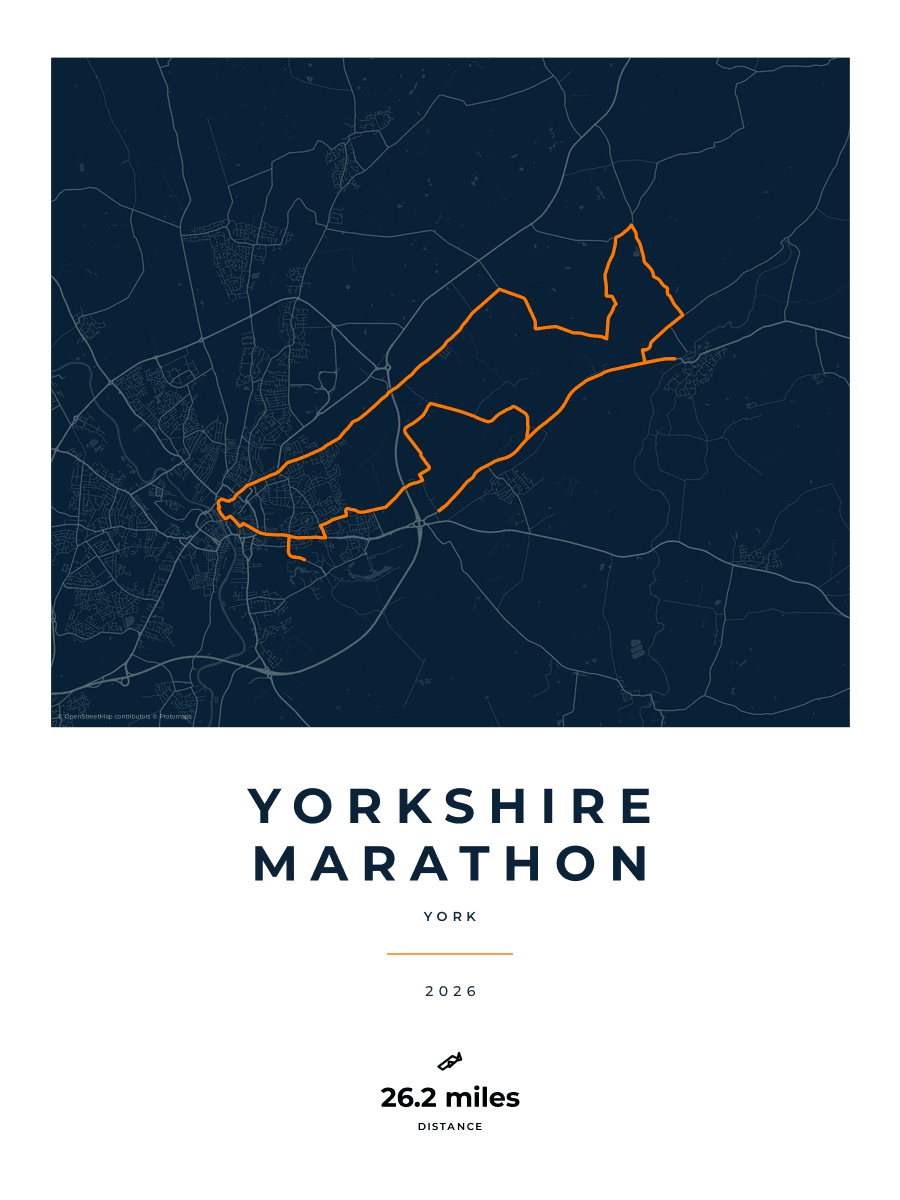 Yorkshire Marathon route map poster preview in the Race Blueprint artwork style