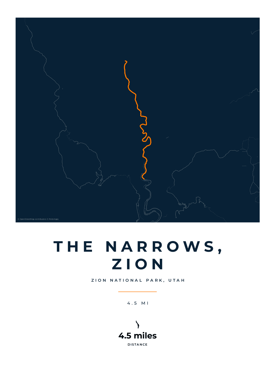 The Narrows, Zion route map poster preview in the Race Blueprint artwork style