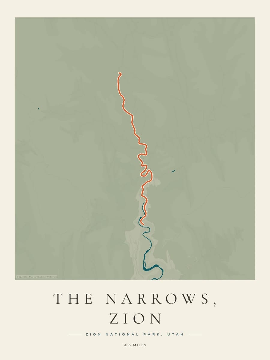 The Narrows, Zion route map poster preview in the Coastal Atlas artwork style