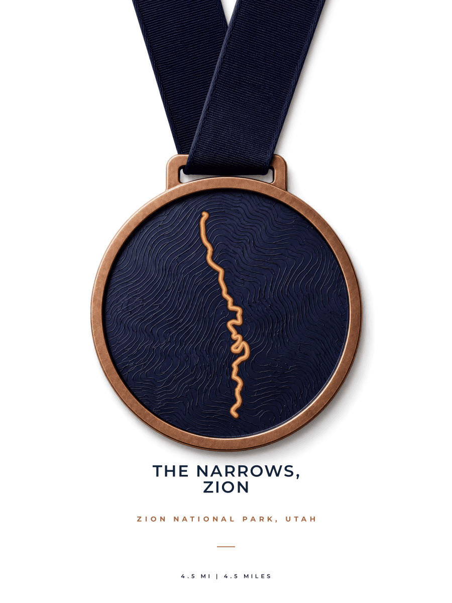 The Narrows, Zion route map poster preview in the Medal artwork style