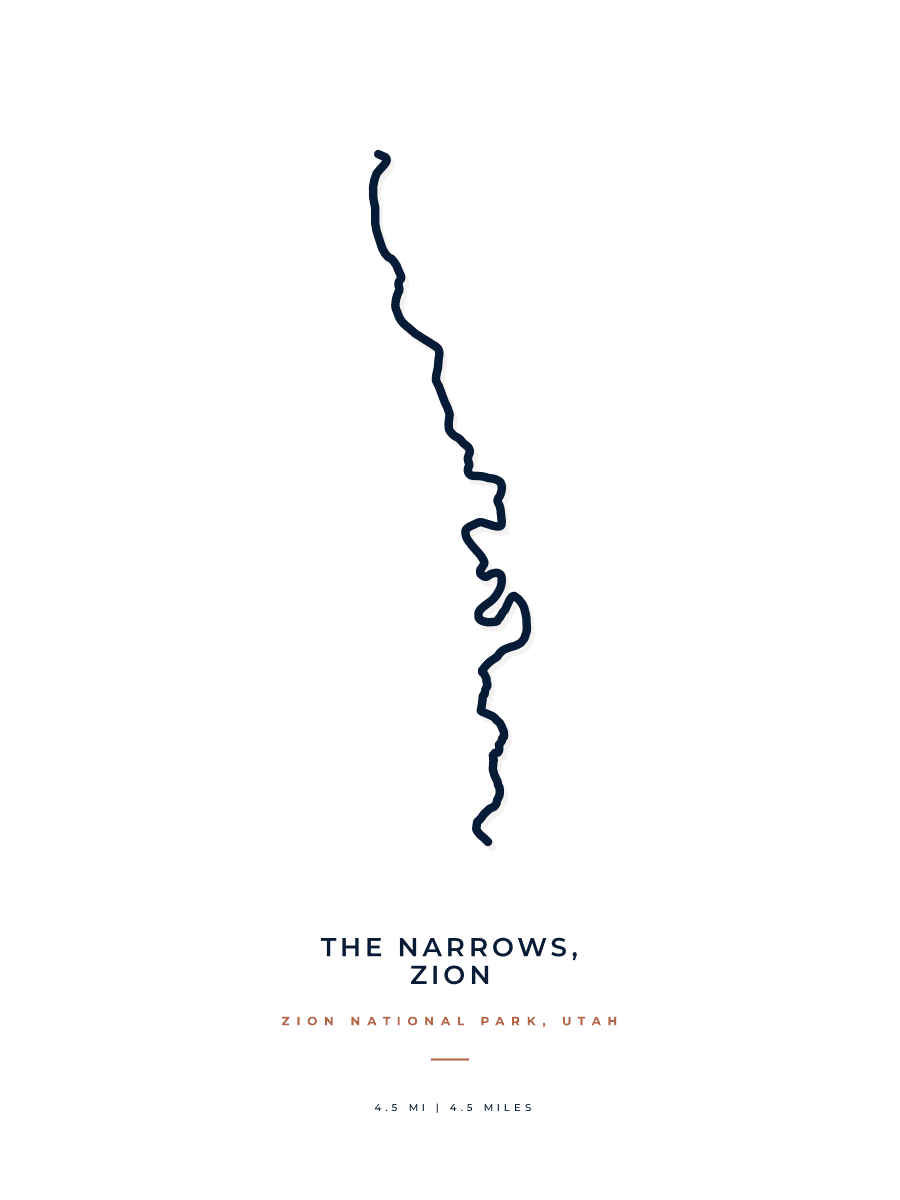 The Narrows, Zion route map poster preview in the Minimal artwork style