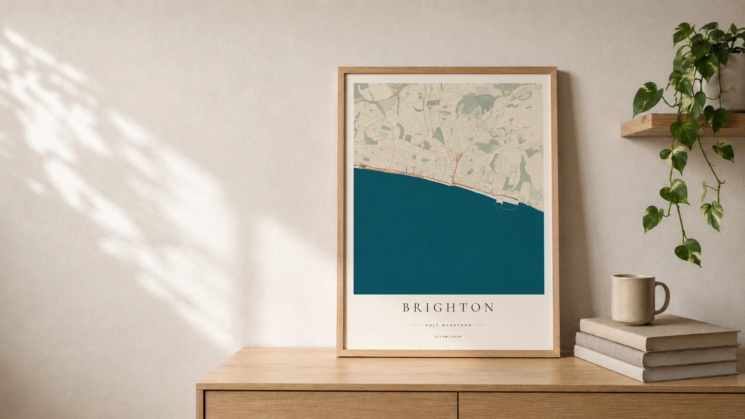 Framed Brighton half marathon route poster in a light oak frame on a wooden shelf