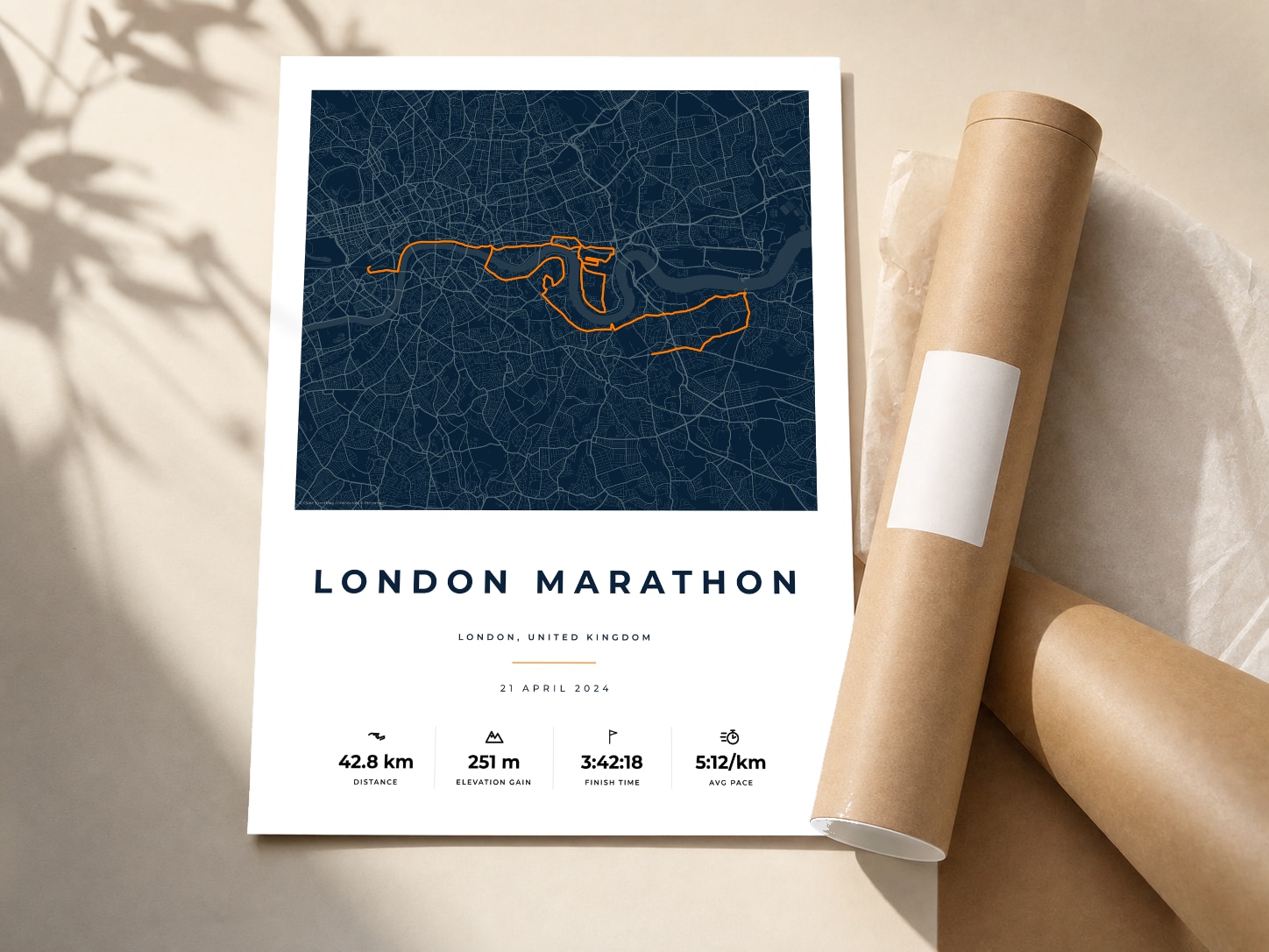 London Marathon Race Blueprint print beside its protective postal tube