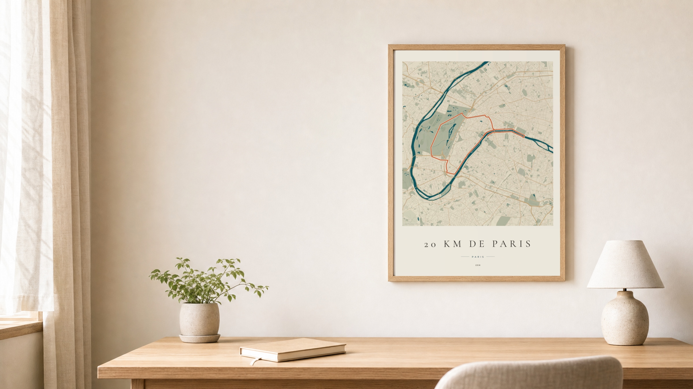 20 km de Paris 2026 Coastal Atlas route print in an oak frame above a study desk