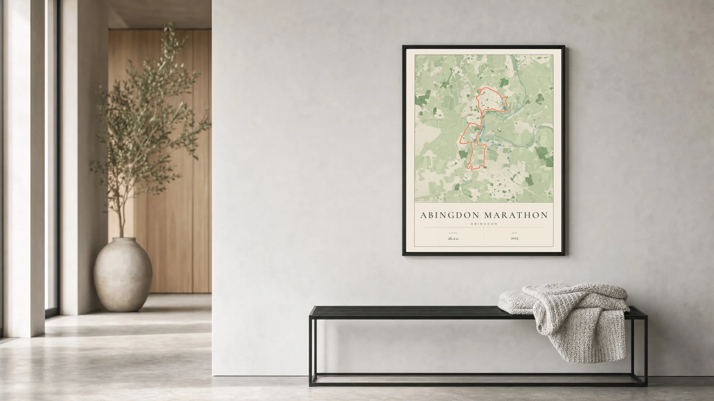 Abingdon Marathon 2025 Parkland route print in a black frame in a bright hallway