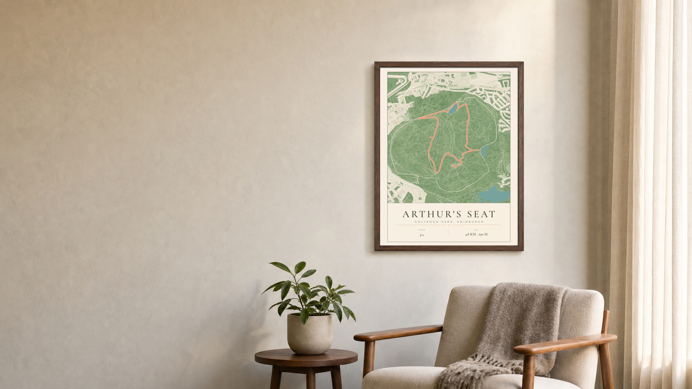 Arthur's Seat Parkland route print in a dark walnut frame on a living-room wall