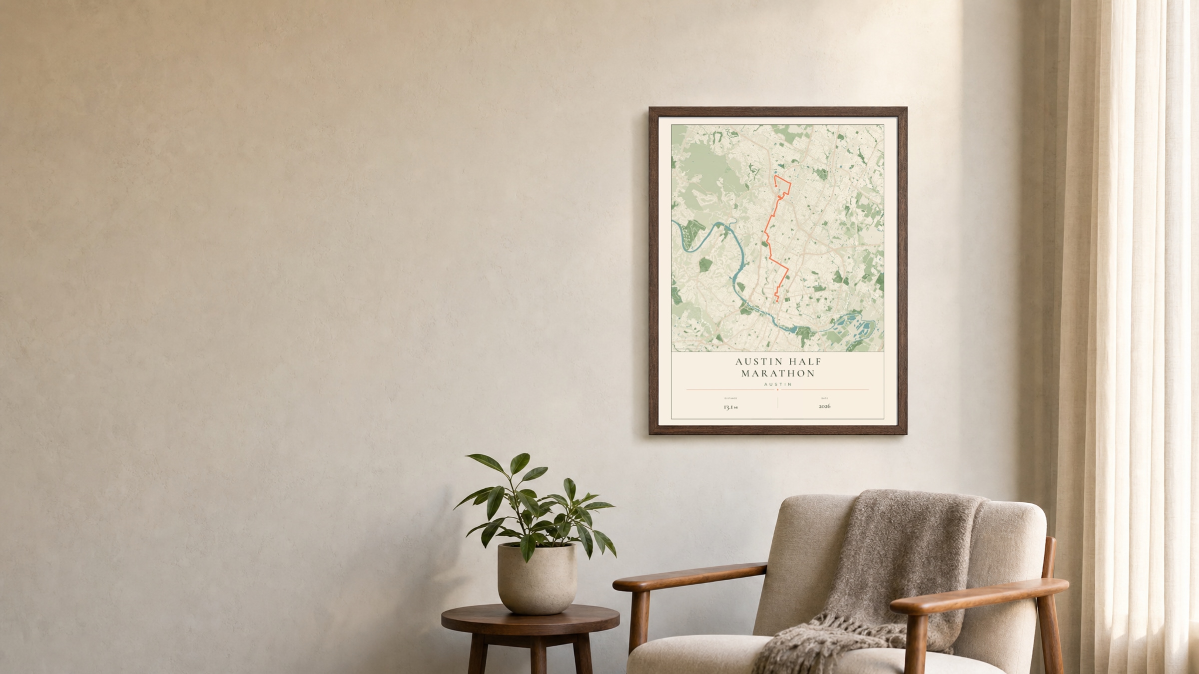 Austin Half Marathon 2026 Parkland route print in a dark walnut frame on a living-room wall