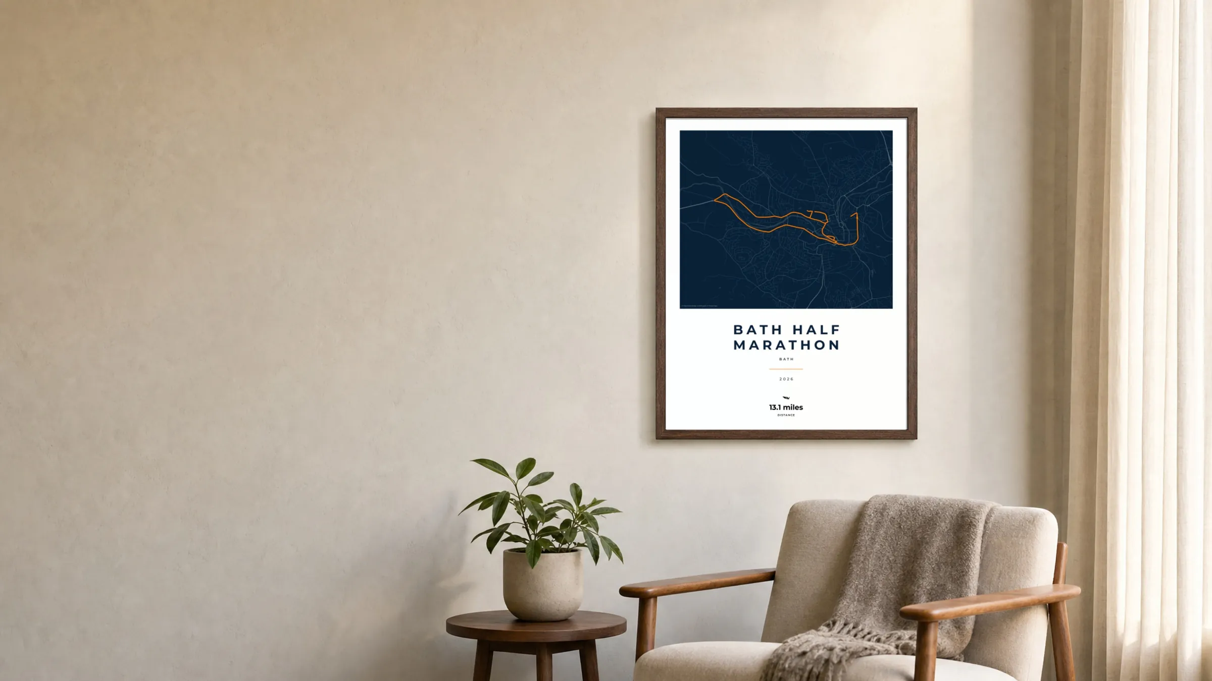 Bath Half Marathon 2026 Race Blueprint route print in a dark walnut frame on a living-room wall