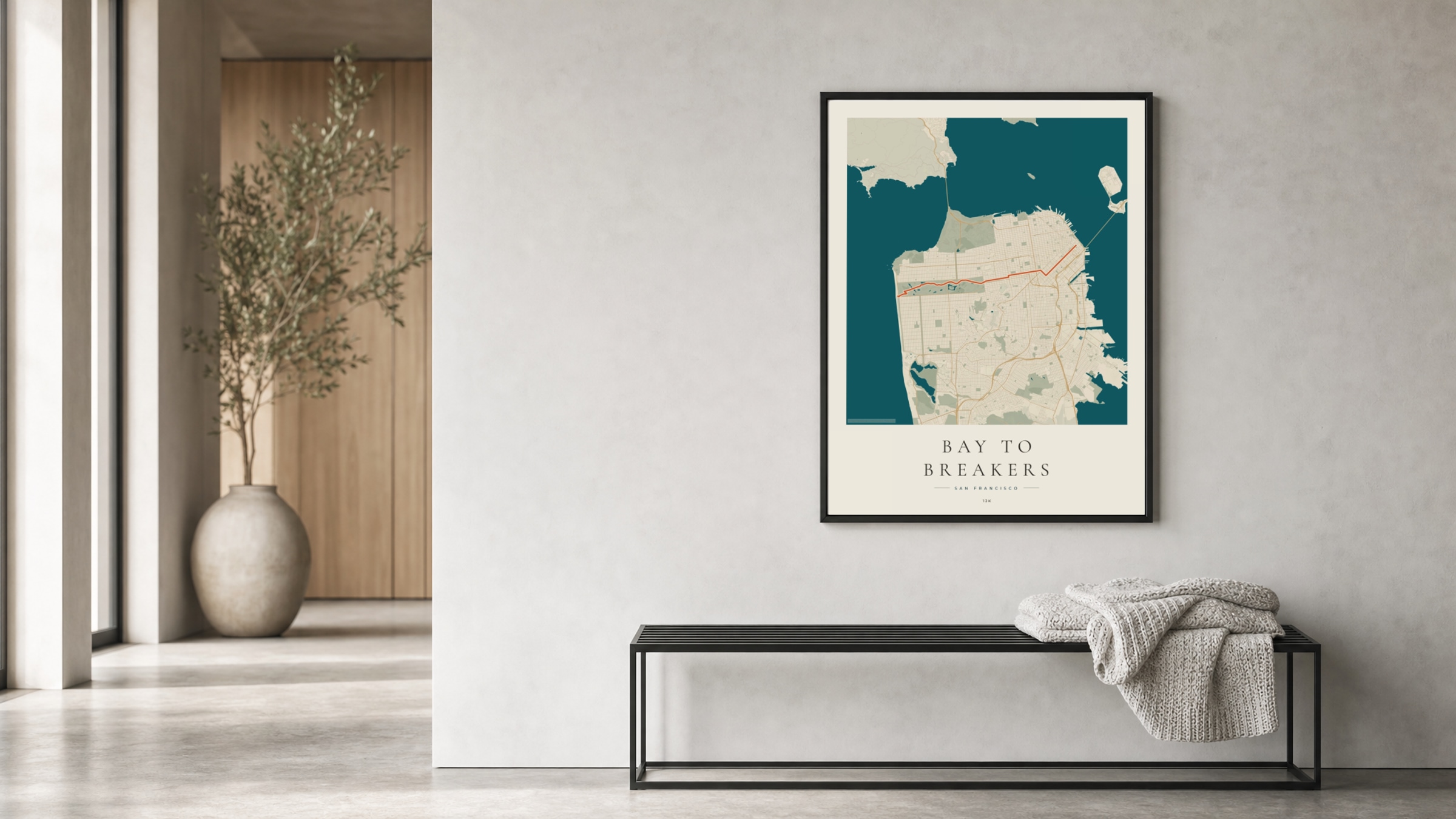 Bay to Breakers 2023 Coastal Atlas route print in a black frame in a bright hallway