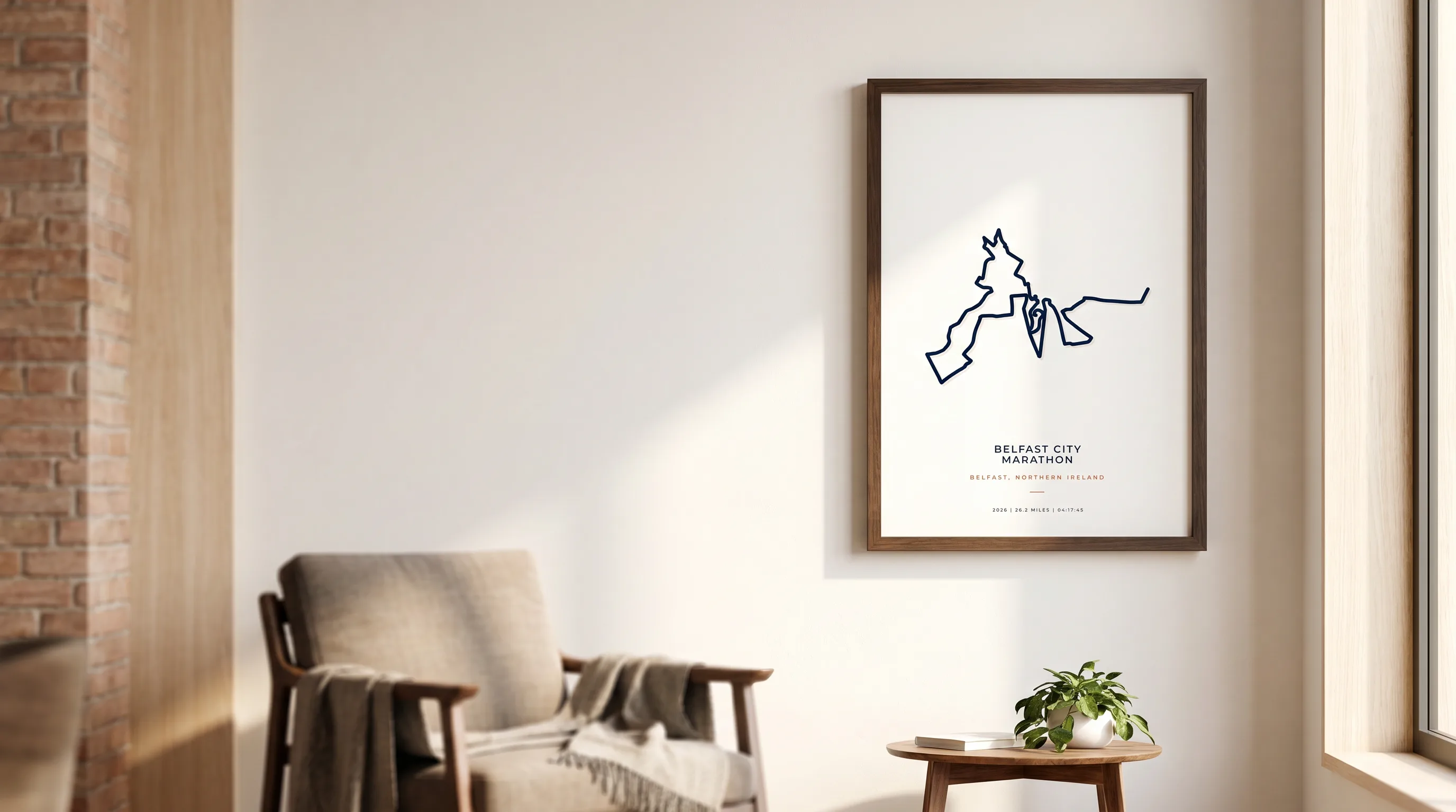 Framed Belfast City Marathon route poster in a warm Route Into Art wall art scene